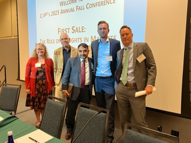 Panel 3B speakers Curtis Dodd, Fabian Gonell, Dr. Tim Pohlmann, and Timothy D. Syrett pose with moderator Prof. Kristen Osenga at the C-IP2 Annual Fall Conference in October 2023